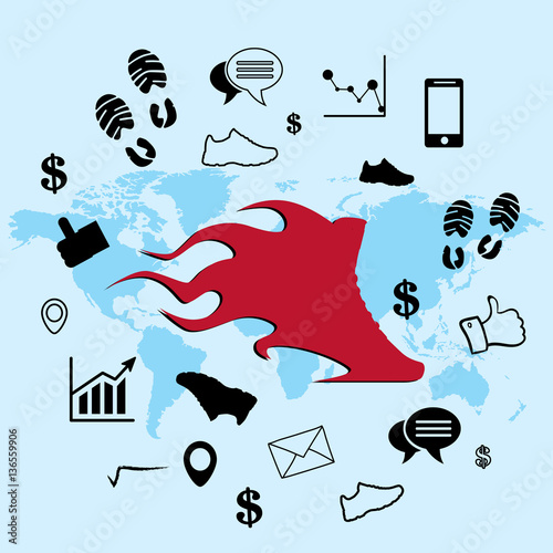business icons on world map background, vector, illustration