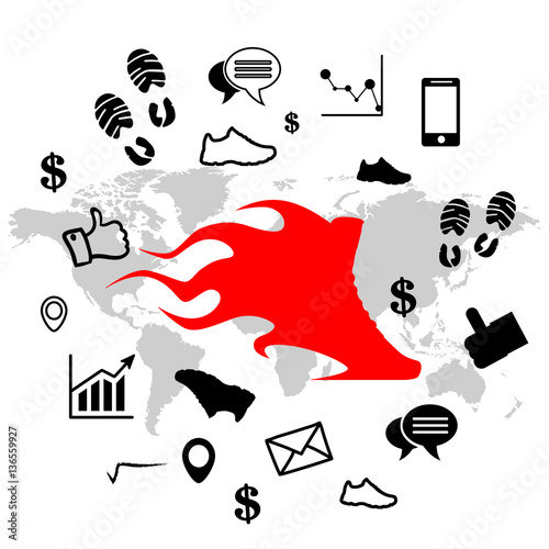 business icons on world map background, vector, illustration