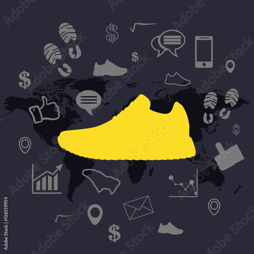 sneaker  and business icons with world map on background, vector, illustration
