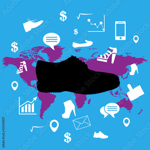 sneaker  and business icons with world map on background, vector, illustration