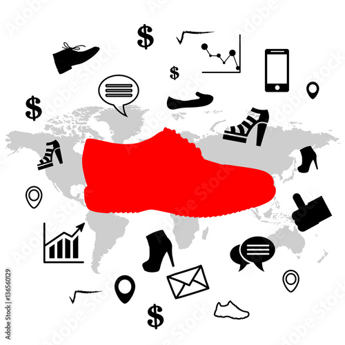 sneaker  and business icons with world map on background, vector, illustration