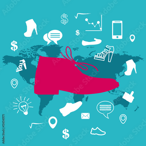 male chukka boot and business icons with world map on background, vector, illustration