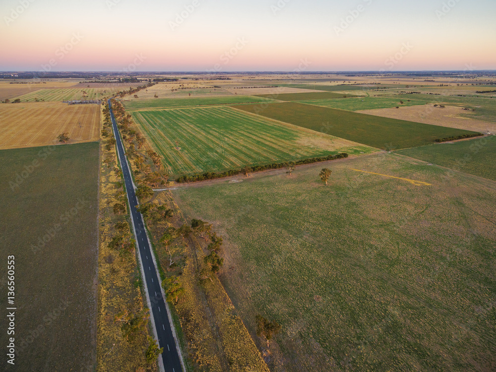 Aerial view of agricultural region at sunset - rectangles of fields and pastures with road passing through