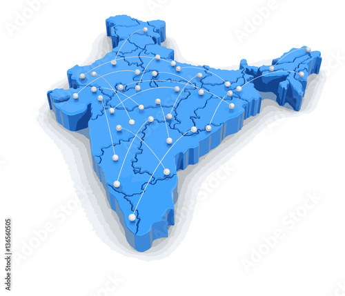 Map of India with flight paths. Image with clipping path.