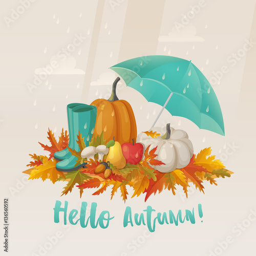 Fall or autumn leaves and apple, mushroom on it