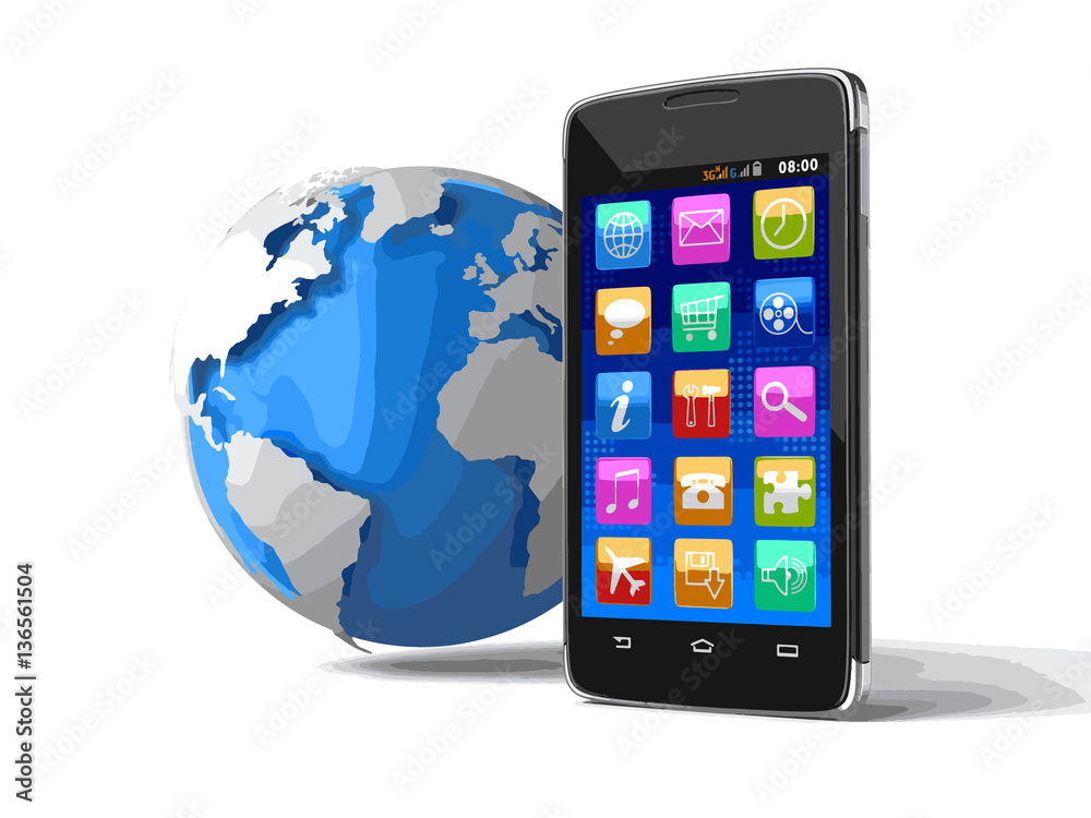 Touchscreen smartphone and globe. Image with clipping path.