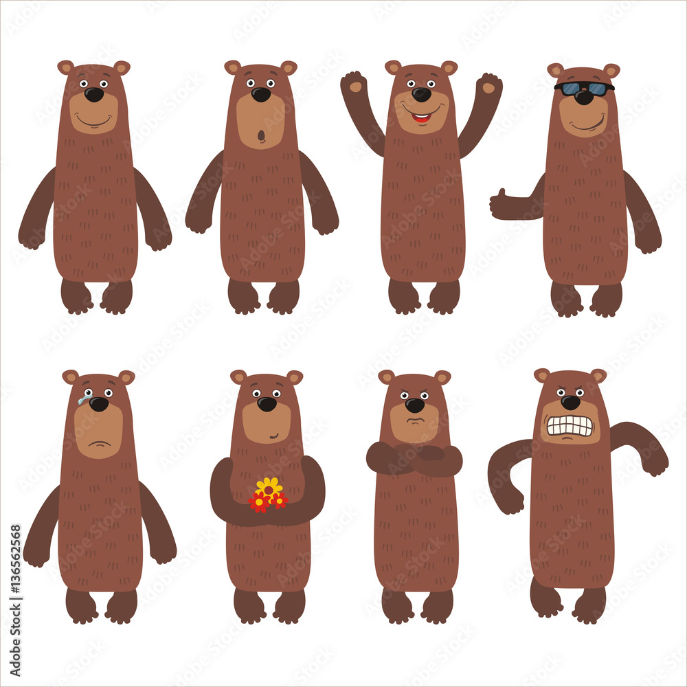 Fototapeta premium Set funny brown bear in different poses. Collection isolated cartoon bear on white background.