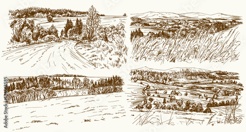 Rural landscapes. Hand drawn set