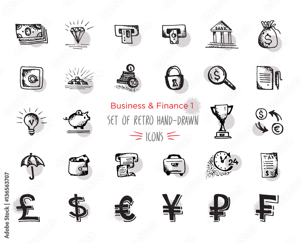 Hand-drawn sketch finance web icon set - economy, money, payments.With emphasis in round spots form. Isolated black on white background Hand-drawn sketch finance web icon set - economy, money, payments.With emphasis in round spots form. Isolated black on white background