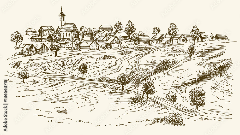Rural village, hand drawn illustration.