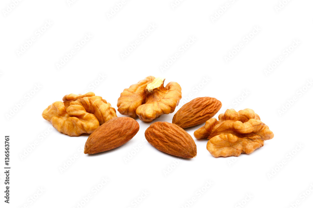 Almond and walnut isolated on white background Almond and walnut isolated on white background