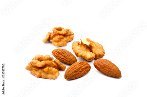 Almond and walnut isolated on white background