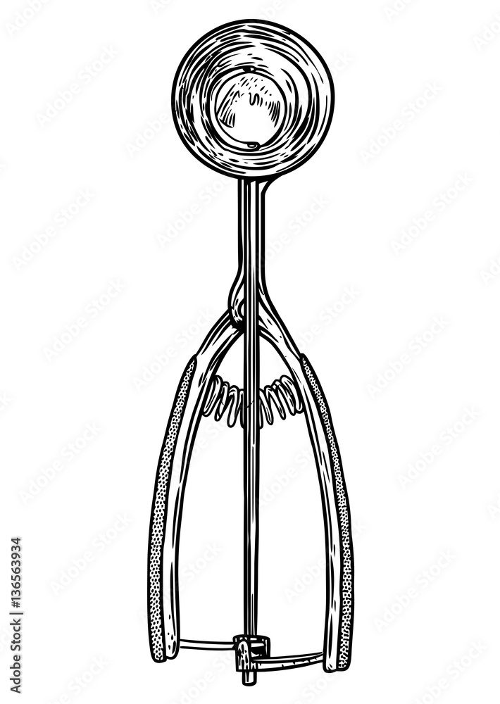 Ice cream scoop spoon illustration, drawing, engraving, line art Stock  Vector