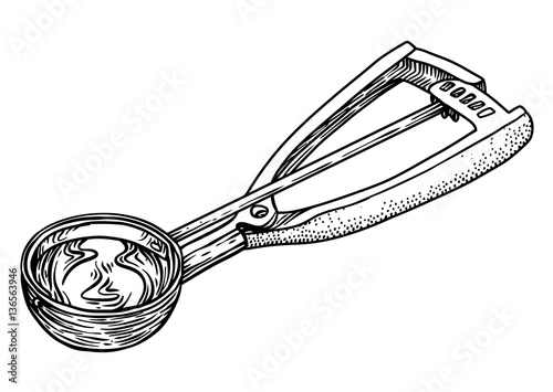 Ice cream scoop spoon illustration, drawing, engraving, line art