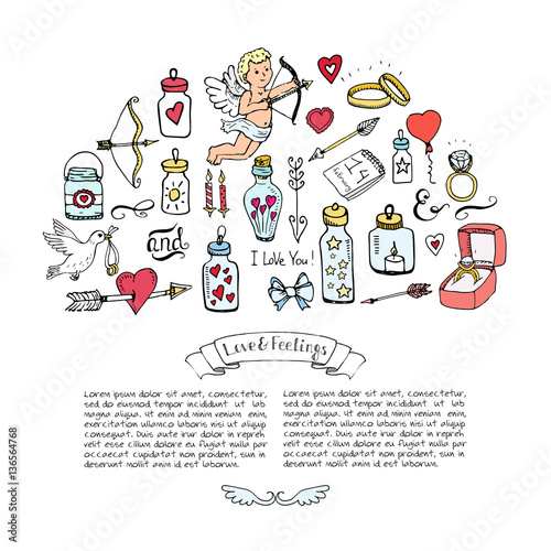 Hand drawn doodle Love and Feelings collection Vector illustration Sketchy Love icons Big set of icons for Valentine's day, Mothers day, wedding, love and romantic events Hearts hands cupid bouquet