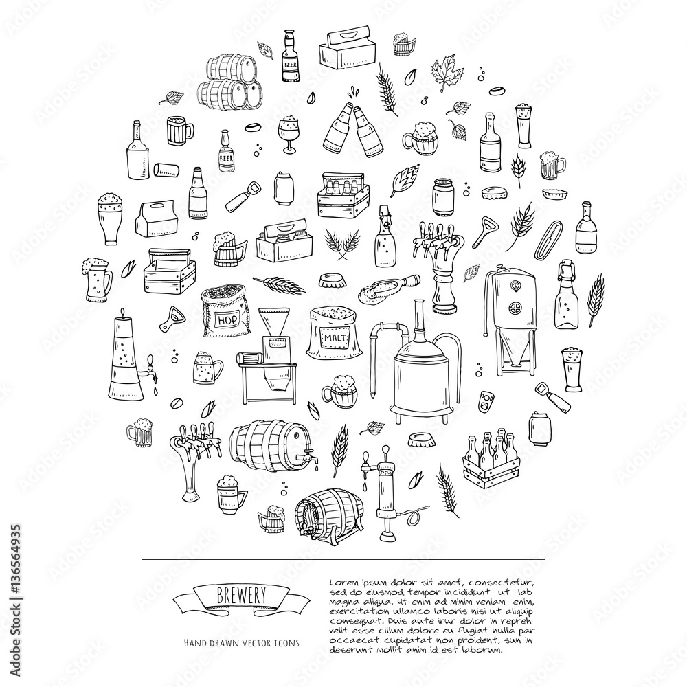 Hand drawn doodle set of Brewery icons. Vector illustration set. Cartoon Craft Beer production symbols. Sketchy brewing elements collection: pub equipment, malt, hop, glass, barrel, mill, beer tap. Hand drawn doodle set of Brewery icons. Vector illustration set. Cartoon Craft Beer production symbols. Sketchy brewing elements collection: pub equipment, malt, hop, glass, barrel, mill, beer tap.