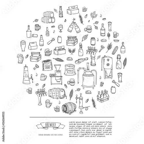 Hand drawn doodle set of Brewery icons. Vector illustration set. Cartoon Craft Beer production symbols. Sketchy brewing elements collection: pub equipment, malt, hop, glass, barrel, mill, beer tap.