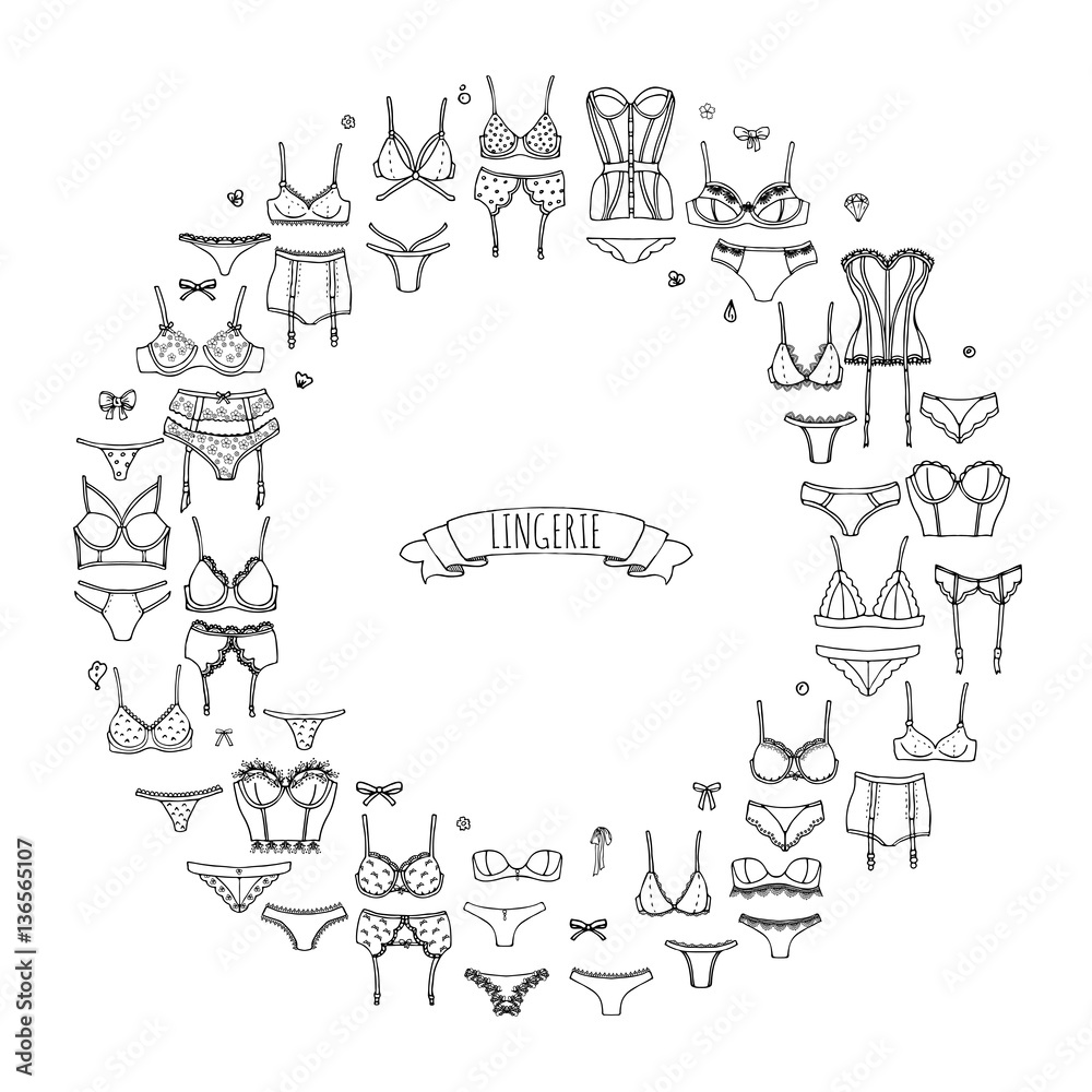 Hand drawn doodle Lingerie icon set. Fashion feminine vector illustration. Sexy lacy woman underwear symbol collection. Cartoon various sketch elements: bra, panties, corset, brassiere, string, bikini Hand drawn doodle Lingerie icon set. Fashion feminine vector illustration. Sexy lacy woman underwear symbol collection. Cartoon various sketch elements: bra, panties, corset, brassiere, string, bikini