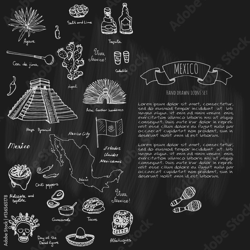 Hand drawn doodle Mexico set Vector illustration Sketchy mexican food icons United Mexican States elements Flag Maracas Sombrero Viva Mexico Maya Pyramid Aztec Tequila Agave Mariachi Poncho Guacamole
