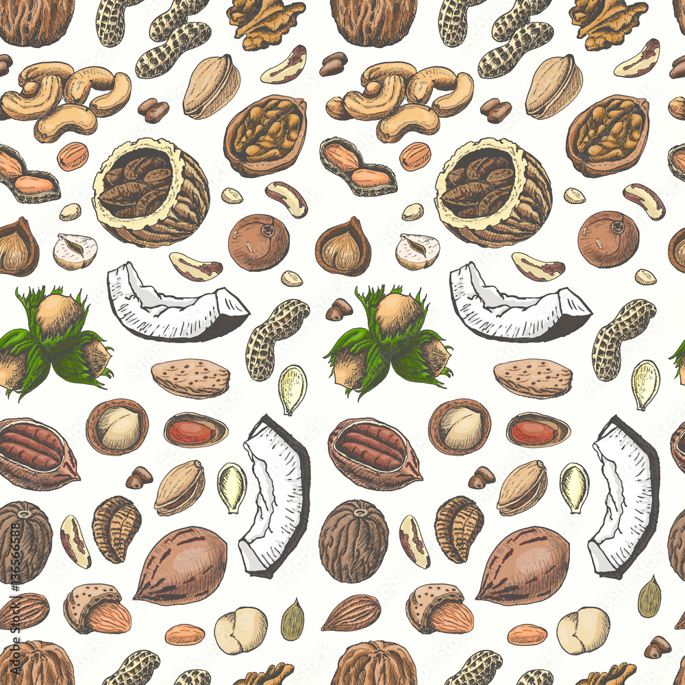 Seamless pattern with colored nuts and seeds Seamless pattern with colored nuts and seeds