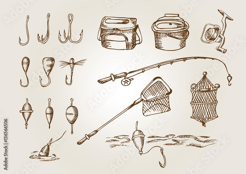 Fishing rod and equipment. Outline