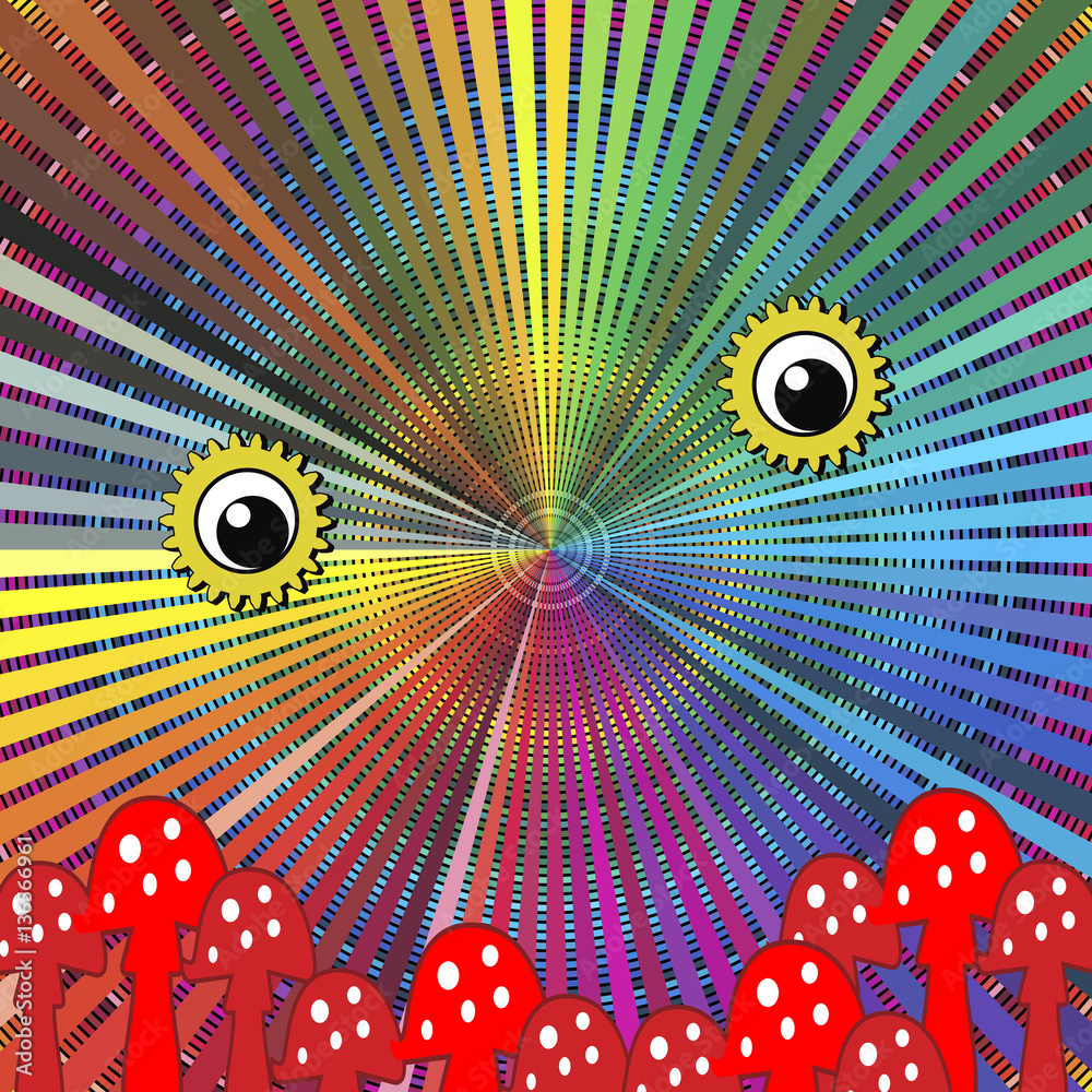 Psychedelic Experience. Humorous concept sign of the effects of drugs like LSD, magic mushrooms, mescaline on the human brain - obrazy, fototapety, plakaty 