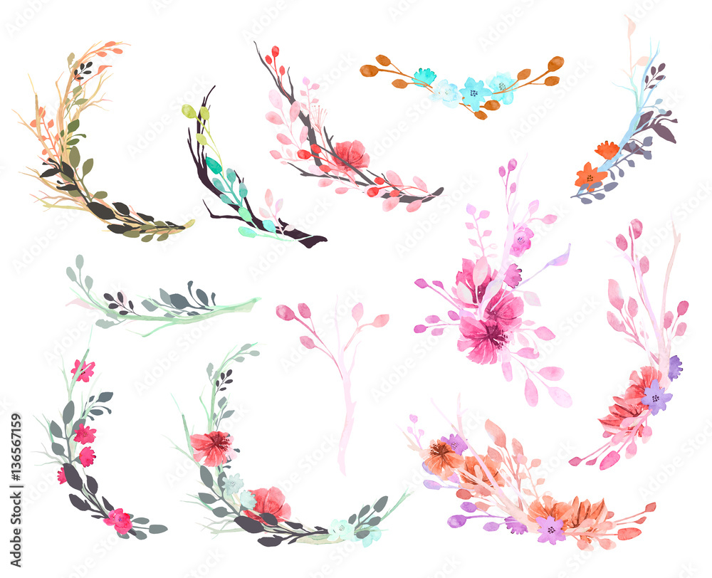 Set of flowers, leaves and branches, painted in watercolor, isolated on white. Sketched wreath, floral and herbs garland. Watercolour style.