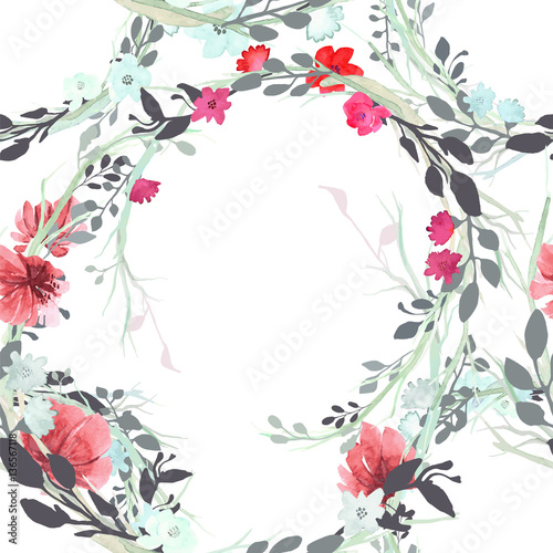 Wallpaper Mural Set of flowers, leaves and branches, painted in watercolor, isolated on white. Sketched wreath, floral and herbs garland. Seamless pattern. Torontodigital.ca