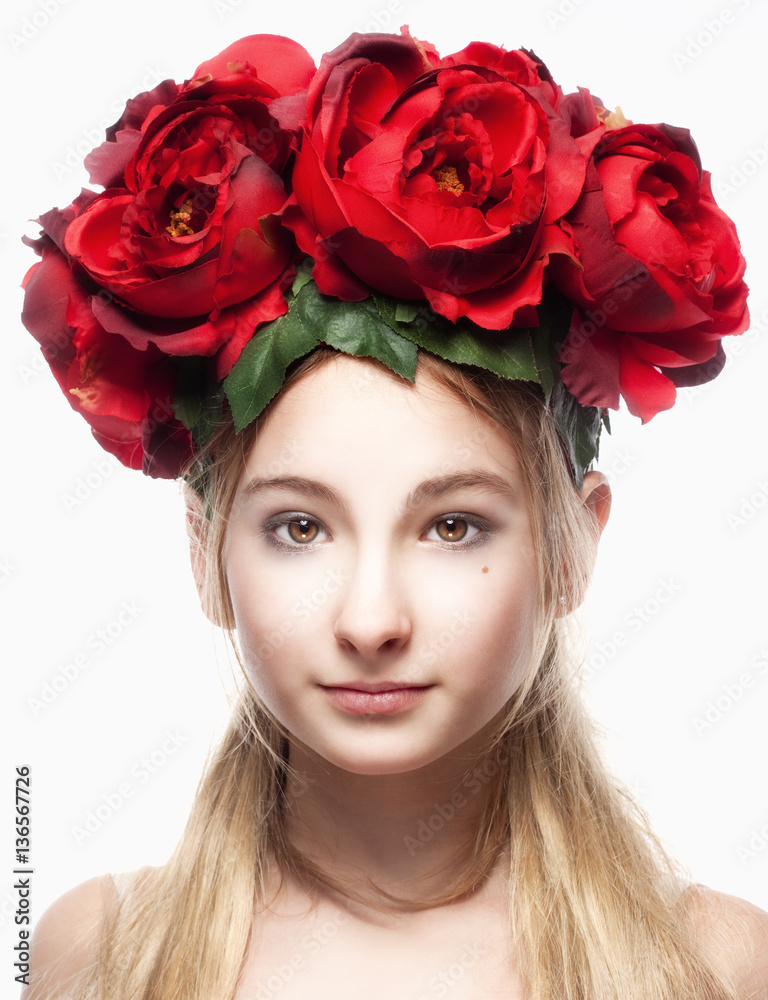 Portrait of a Girl with Flower Arrangement on Head