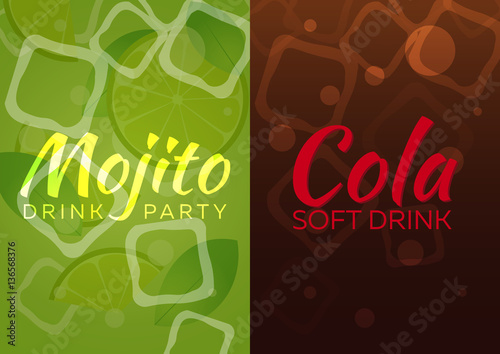 Ice Mojito and Cola poster. Vector illustration.