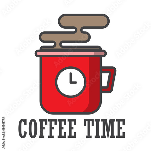 cup with watch, coffee time,a break and fragrant drink,the dial on a glass,vector image, flat design