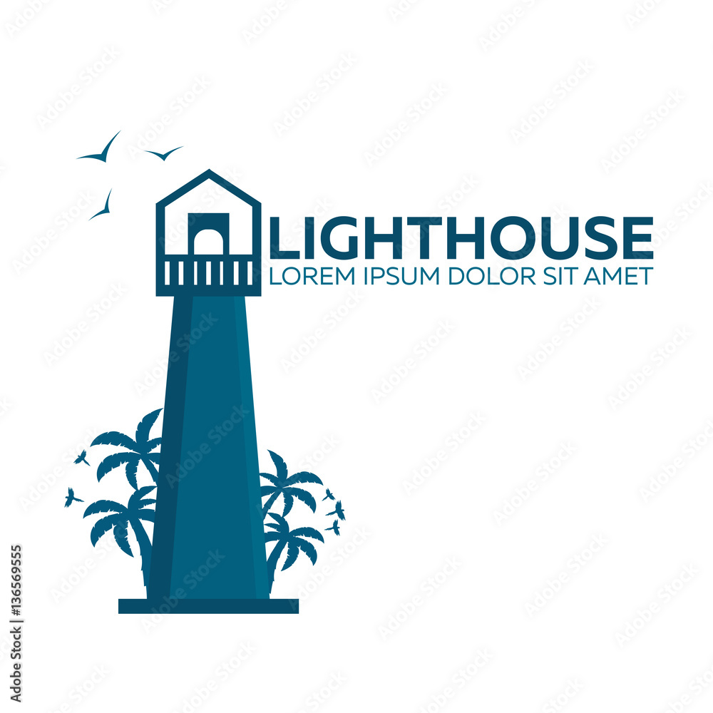 Lighthouse logo. Palm and birds. Vector flat illustration.