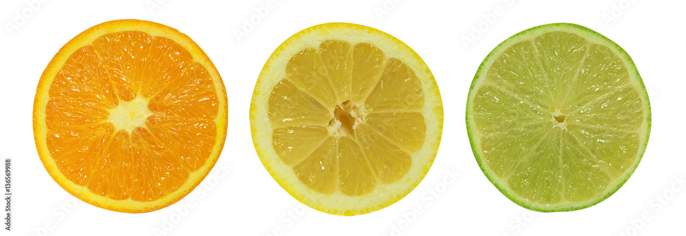 Citrus fruit. Orange, lemon, lime, grapefruit. Slices isolated