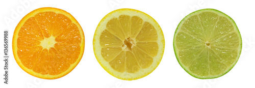 Citrus fruit. Orange, lemon, lime, grapefruit. Slices isolated