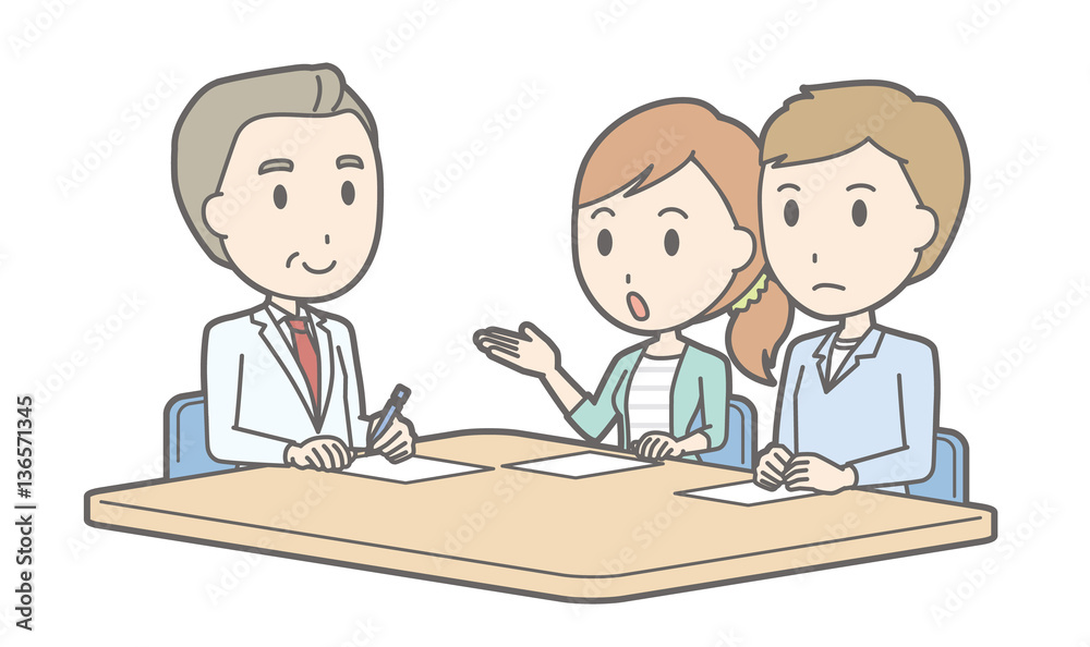 Illustration that a young couple receiving counseling by a male Illustration that a young couple receiving counseling by a male