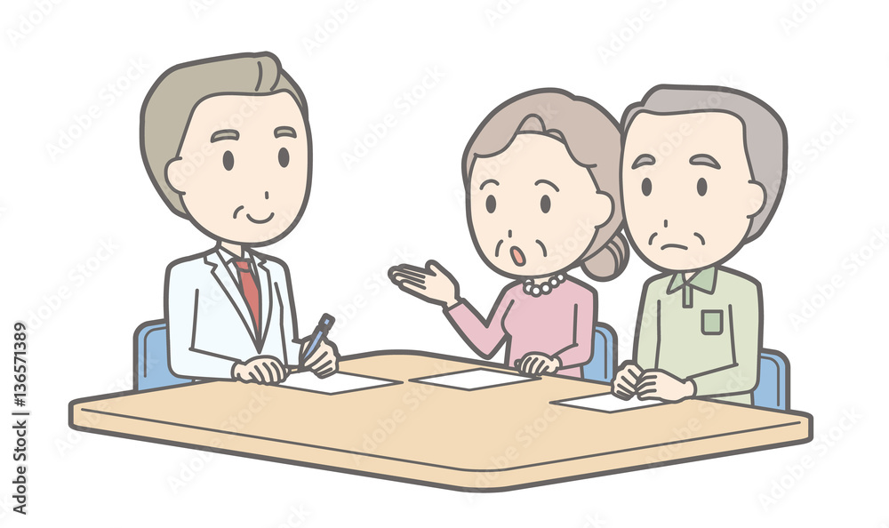 Illustration that an elderly couple receiving counseling by a ma Illustration that an elderly couple receiving counseling by a ma