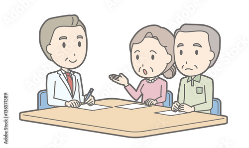 Illustration that an elderly couple receiving counseling by a ma
