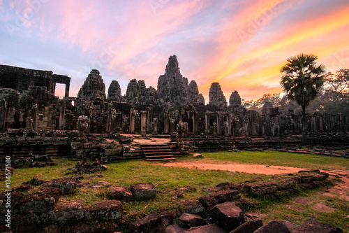 Bayon temple and laterite ruins in Angkor Thom,landmark in Siem Reap, Cambodia. Angkor wat inscribed on the UNESCO World Heritage List in 1992