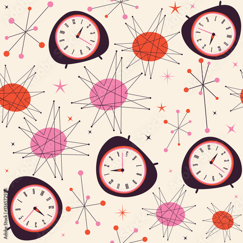 Mid Century Clock Pattern. Retro vintage fifties styled vector pattern. Time concept.