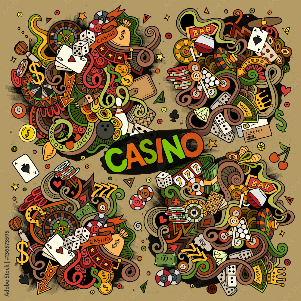 Colorful vector hand drawn doodles cartoon set of Casino designs