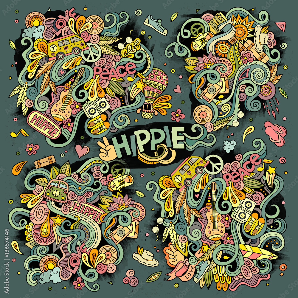 Colorful set of hippie doodles designs