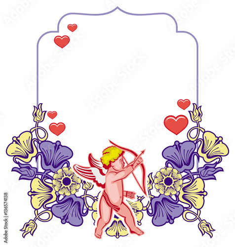 Elegant frame with Cupid, decorative flowers and hearts. Vector clip art. © LaFifa