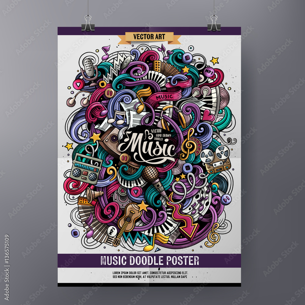 Obraz premium Cartoon hand-drawn doodles Musical poster