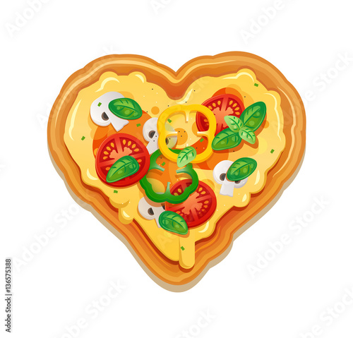 Pizza on white background with cheese, tomatoes, peppers and mushrooms ingredients.