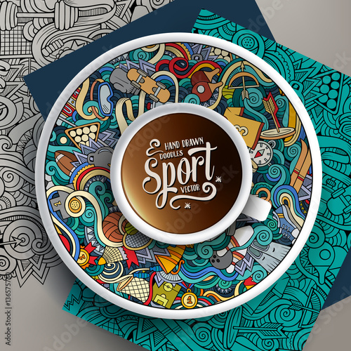 Vector up of coffee and Sport doodles on a saucer, paper and background