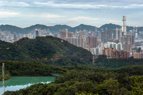 View of the Hong Kong skyline as seen from Kam Shan, Kowloon. Kam Shan is a mountain in Kam Shan Country Park, Northern Kowloon.