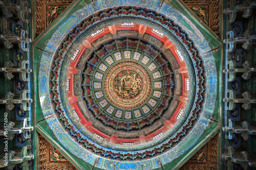 Ornate ceiling inside a pavilion at the Forbidden City, Beijing, China
