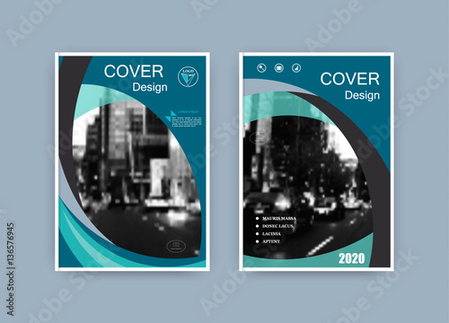 Creative book cover design. Abstract composition with image. Set of A4 brochure title sheet. Blue green, turquoise colored geometric shapes. Interesting vector illustration. Minimalistic style.