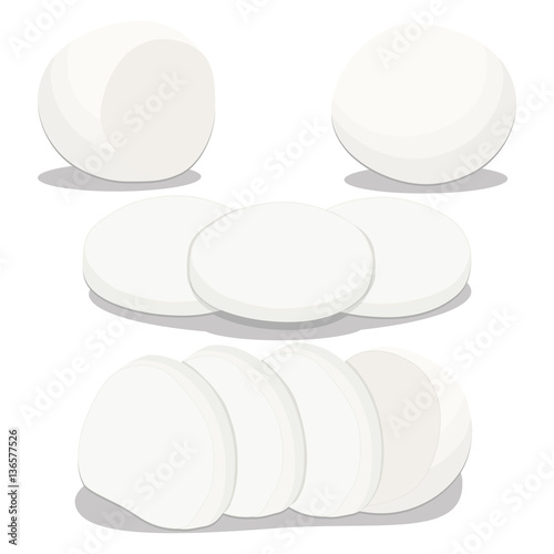 Vector illustration logo for whole white cottage cheese Mozzarella,cutting pieces sliced background.Cheese drawing pattern consisting of tag label bow,mozzarella appetizer,nutrition.Eat fresh cheeses.