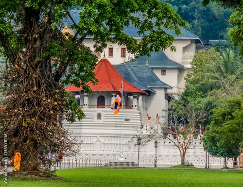View of Sacred Temple of the Tooth Relic of Lord Buddha through trees in the front lawn in Kandy, Sri Lanka, Asia photo